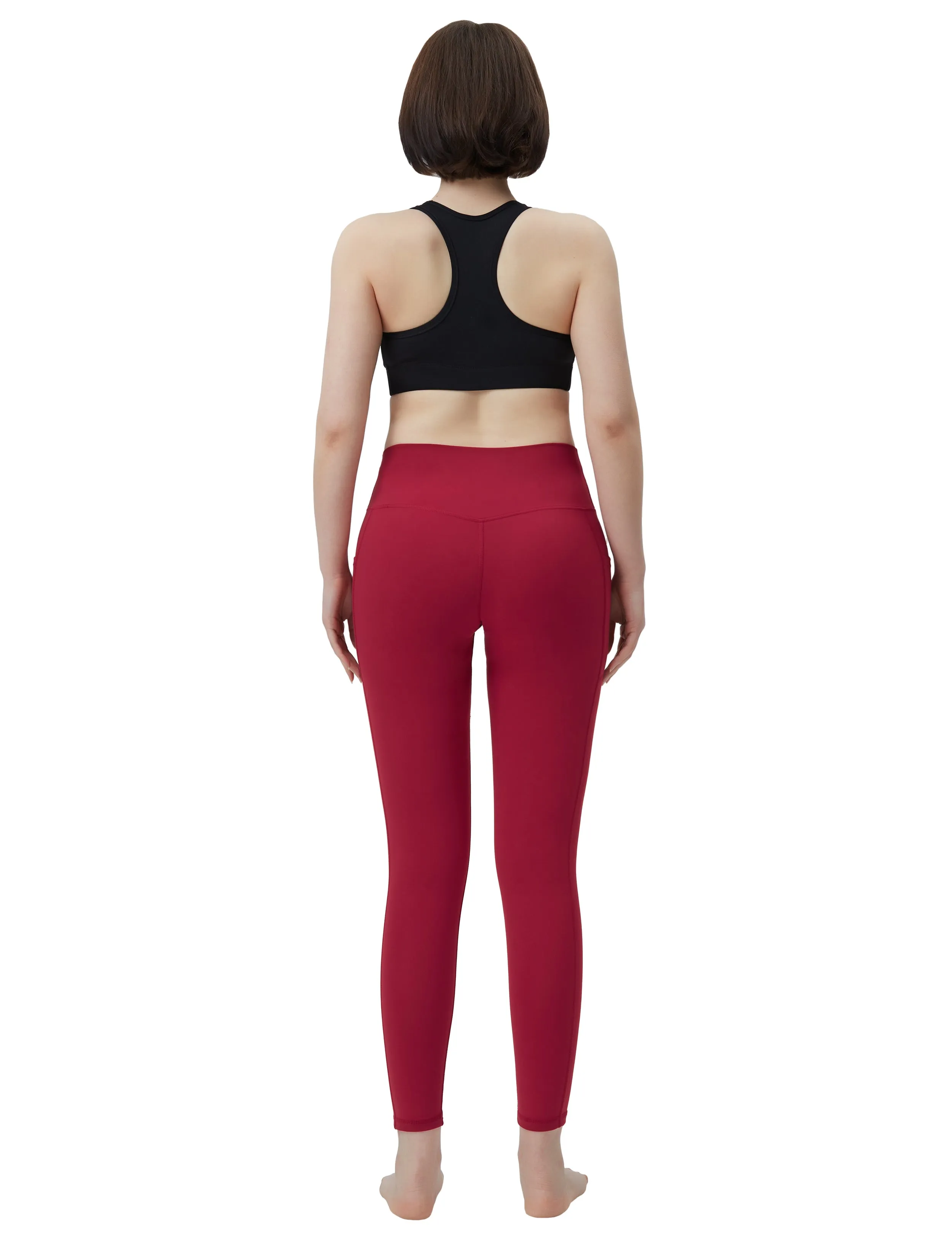 High Waisted Jogging Pants 7/8 Length Leggings with Pockets red_Jogging