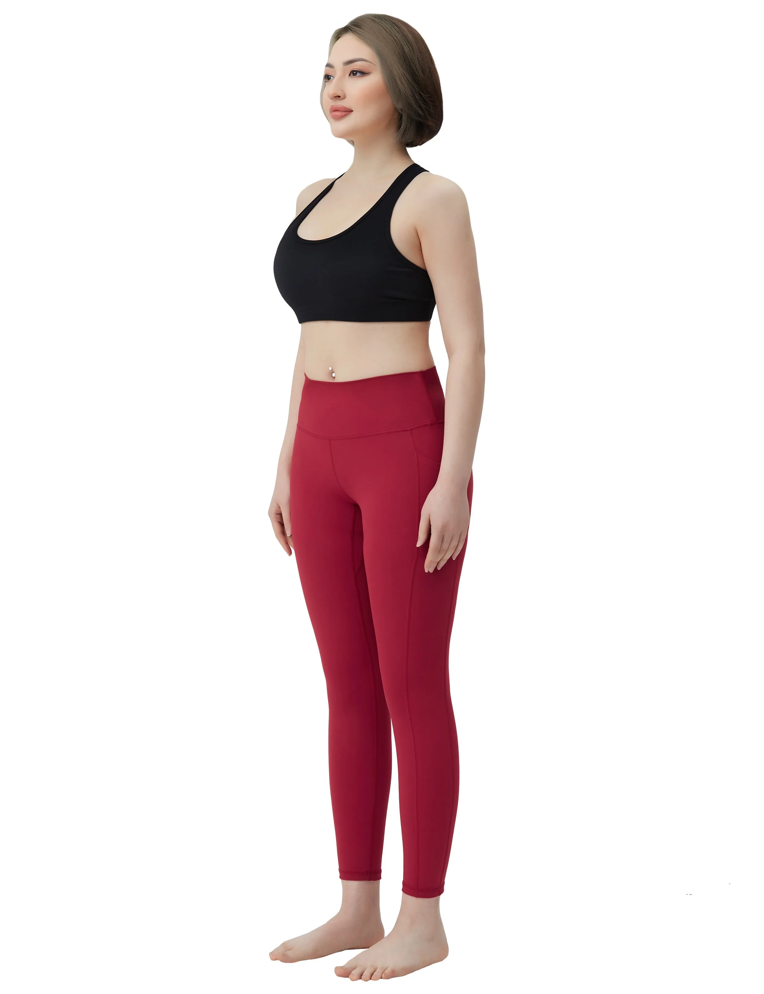 High Waisted Jogging Pants 7/8 Length Leggings with Pockets red_Jogging