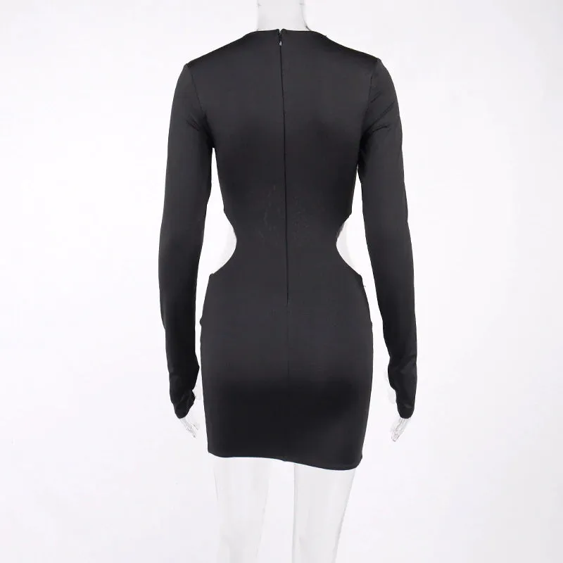 Hollow Out Full Sleeve O-Neck Mini Dress