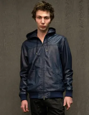 IMMORTAL Navy Leather Hooded Jacket