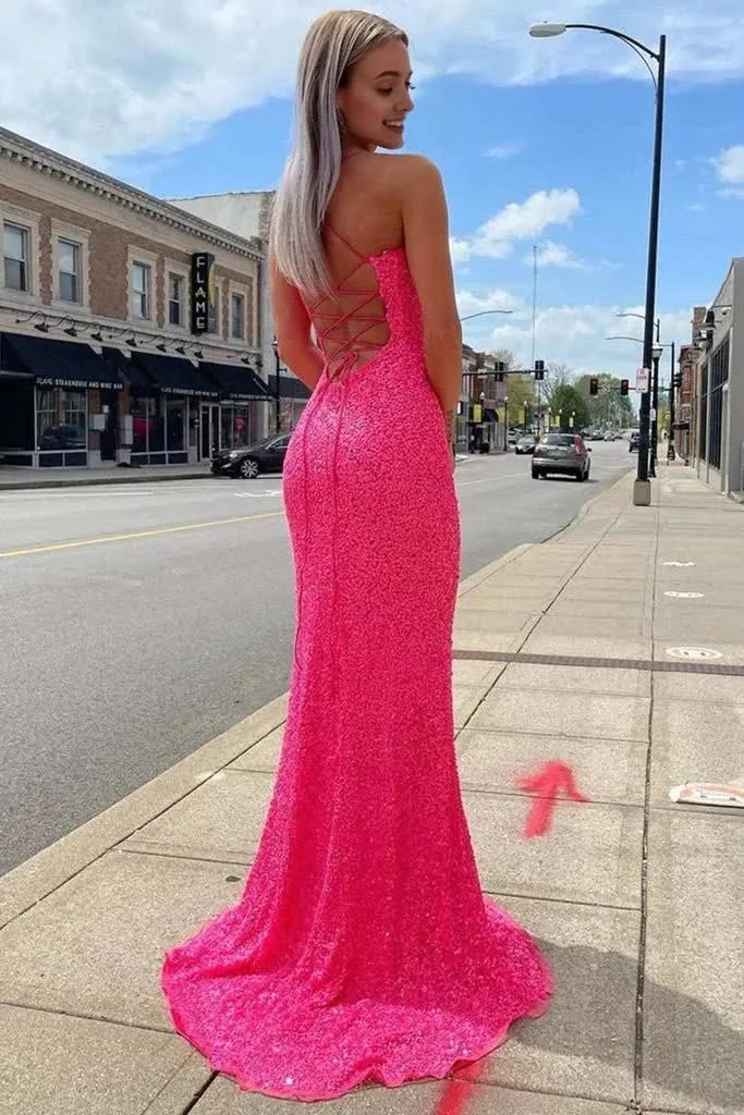 kamahe Hot Pink Prom Dresses Sparkly Mermaid Sequined Sleeveless Long Evening Gown with Slit