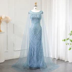 Luxury Beaded Blue Mermaid Evening Dress with Cape Sleeves SS195