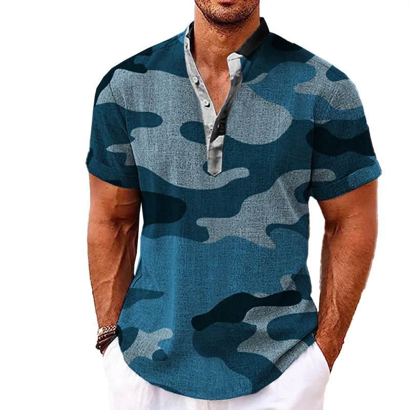 MEN'S HENLEY COLLAR PRINTED SHORT SLEEVE SHIRT 25657799YM