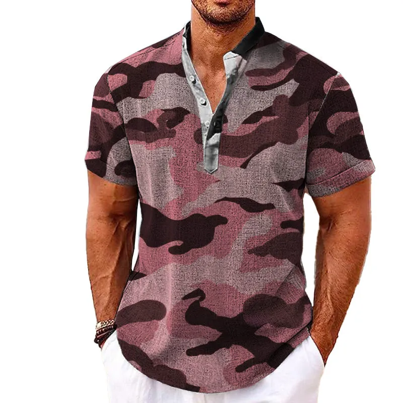 MEN'S HENLEY COLLAR PRINTED SHORT SLEEVE SHIRT 25657799YM