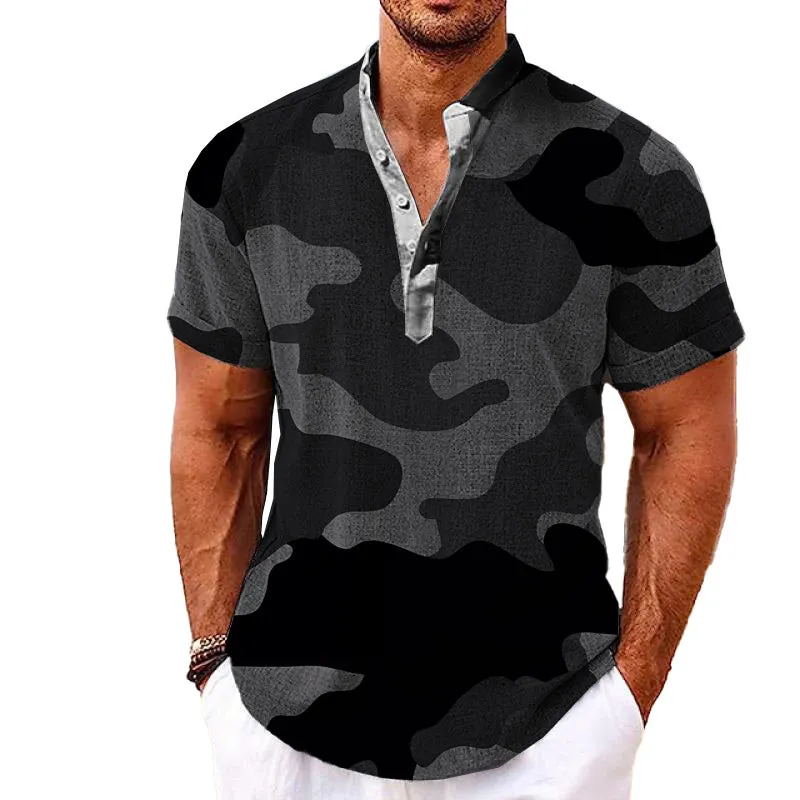 MEN'S HENLEY COLLAR PRINTED SHORT SLEEVE SHIRT 25657799YM