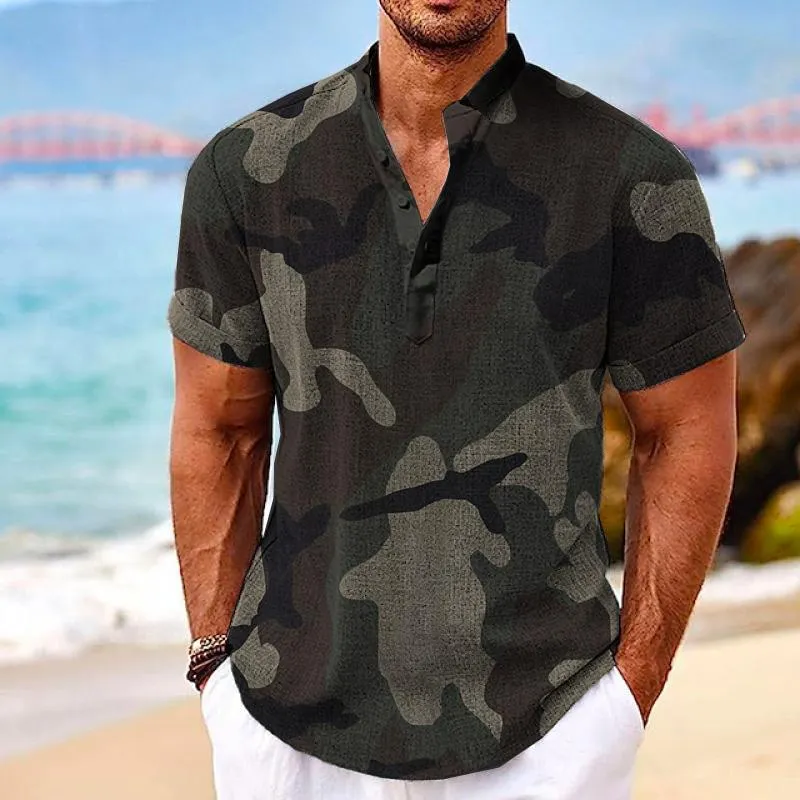 MEN'S HENLEY COLLAR PRINTED SHORT SLEEVE SHIRT 25657799YM