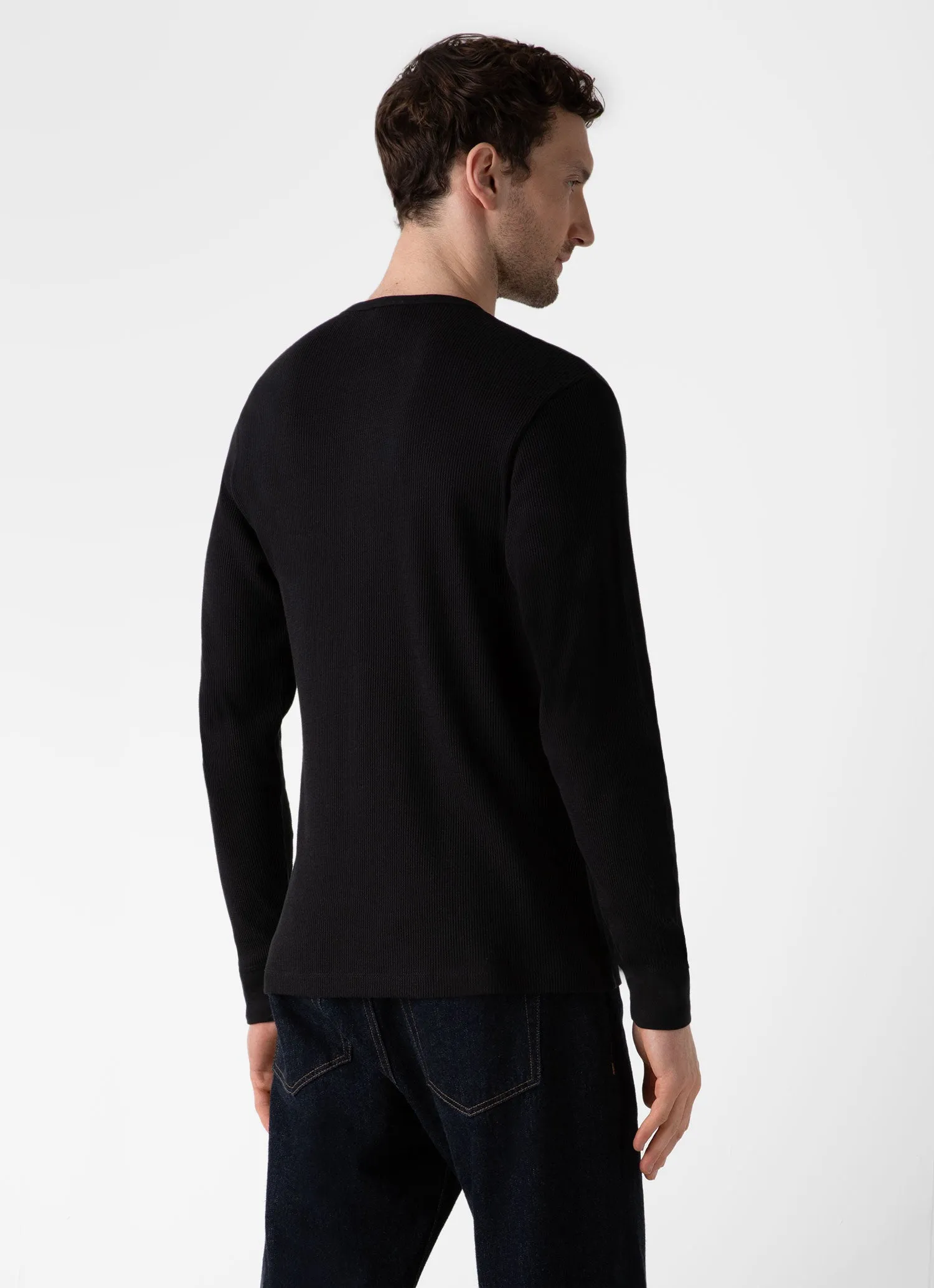 Men's Long Sleeve Waffle Henley in Black