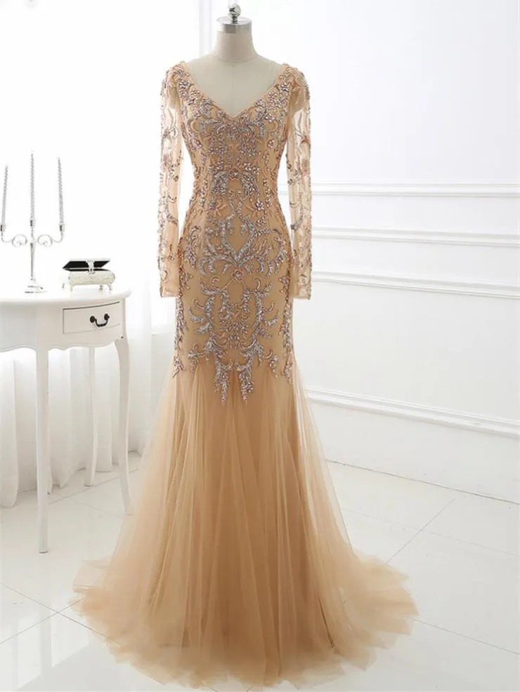 Mermaid V-neck Sweep Train Tulle Rhine Stone Evening Dresses ASD27086