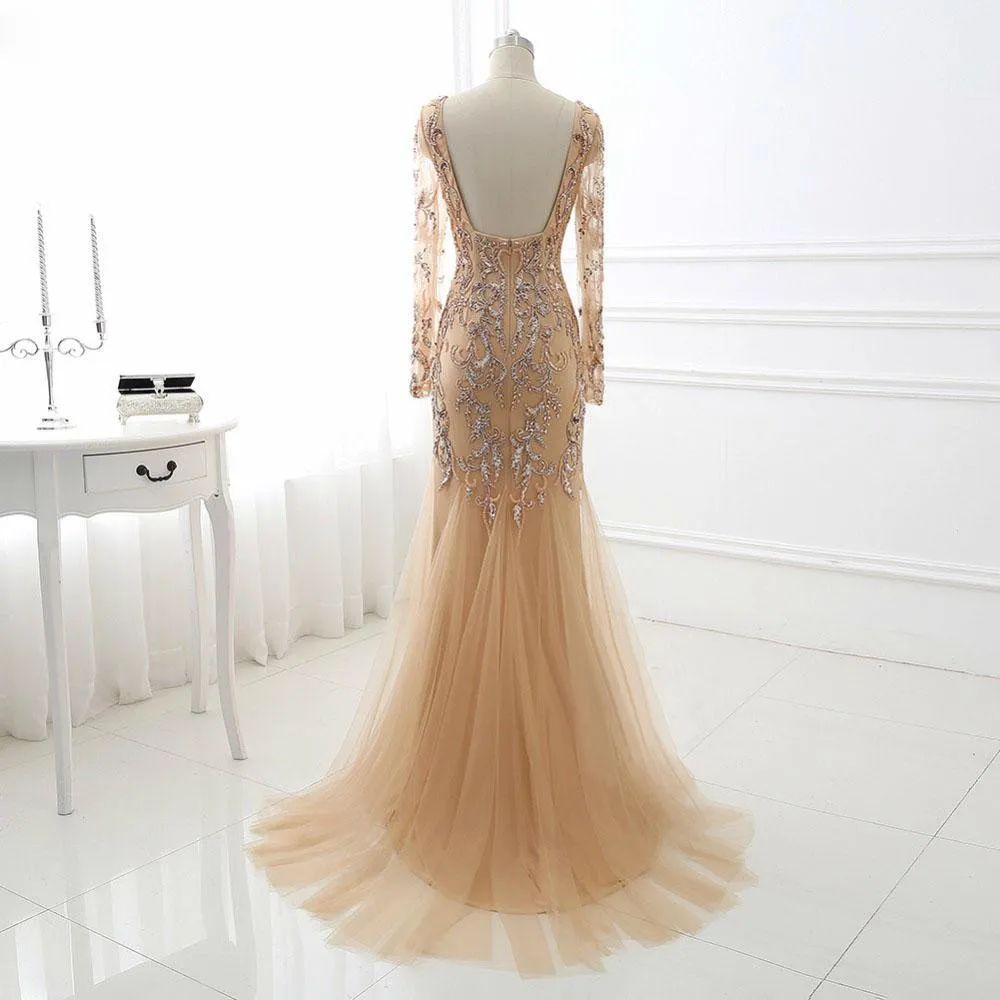 Mermaid V-neck Sweep Train Tulle Rhine Stone Evening Dresses ASD27086