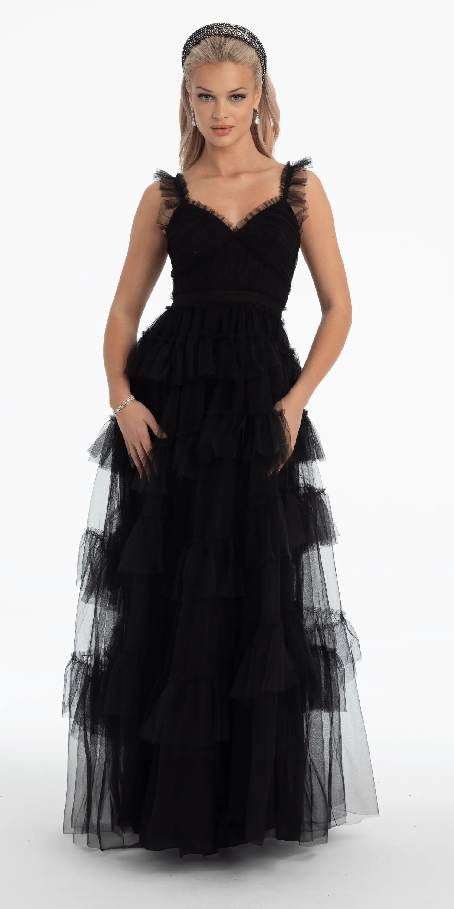 Multi Tiered Tulle Ballgown with Satin Waist Accent