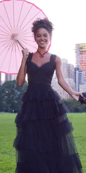 Multi Tiered Tulle Ballgown with Satin Waist Accent