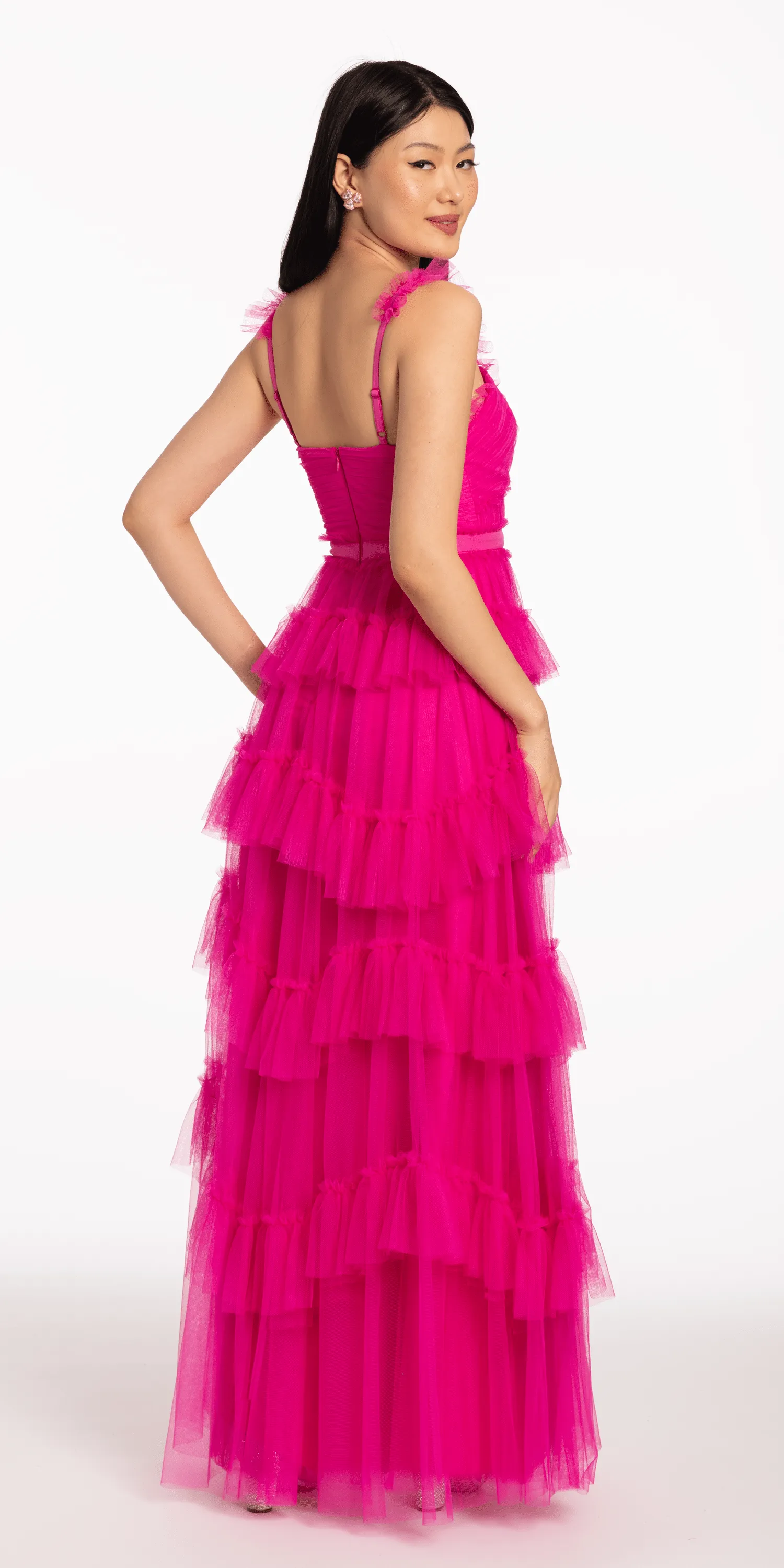 Multi Tiered Tulle Ballgown with Satin Waist Accent