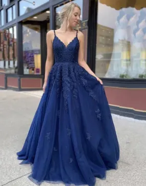 Navy Blue Appliques Long Prom Dresses Evening Dresses