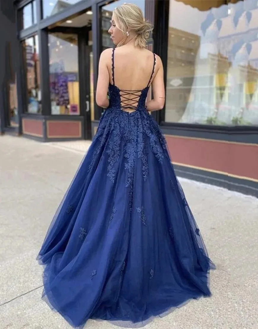 Navy Blue Appliques Long Prom Dresses Evening Dresses