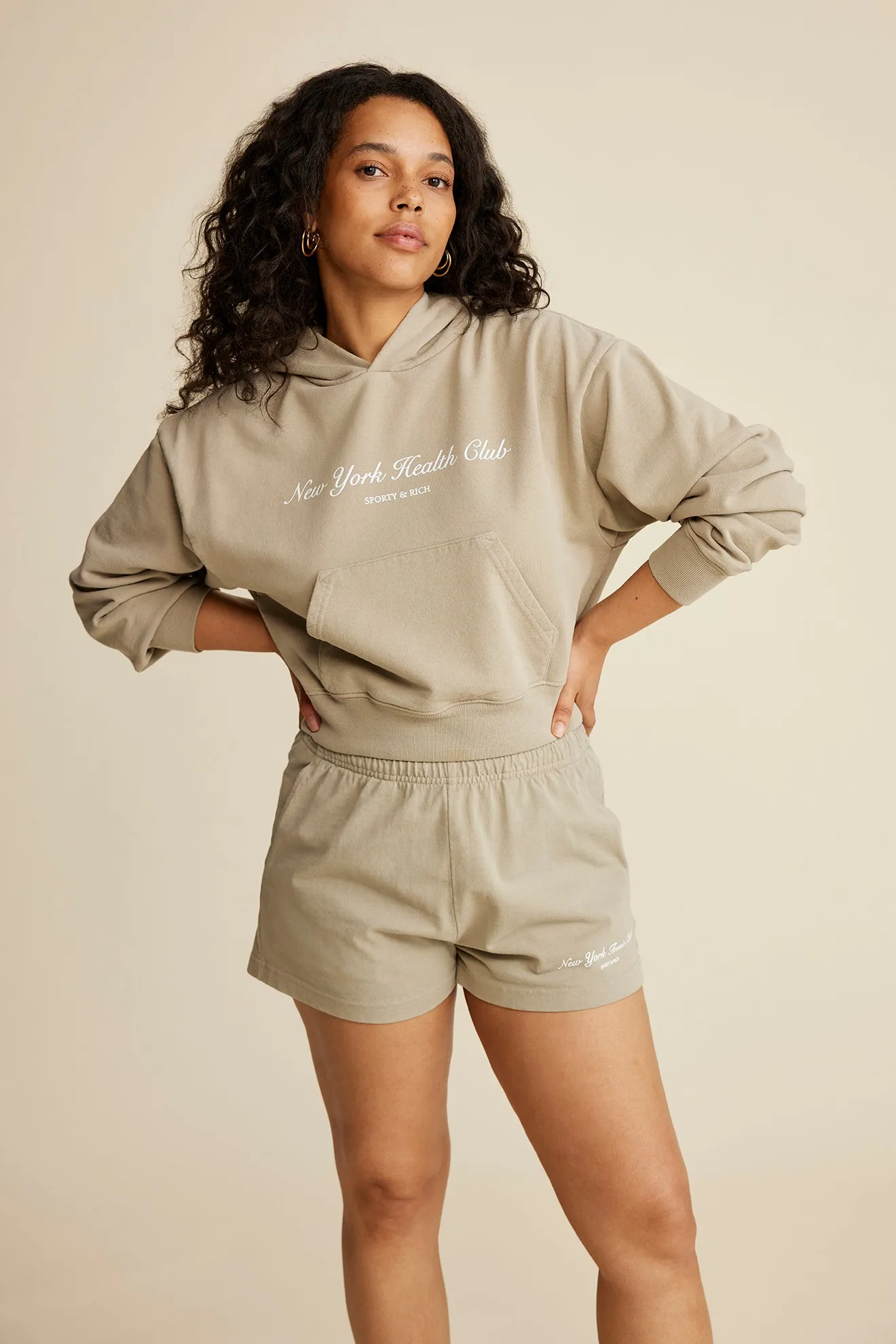 NY Health Club Cropped Hoodie - Elephant/White