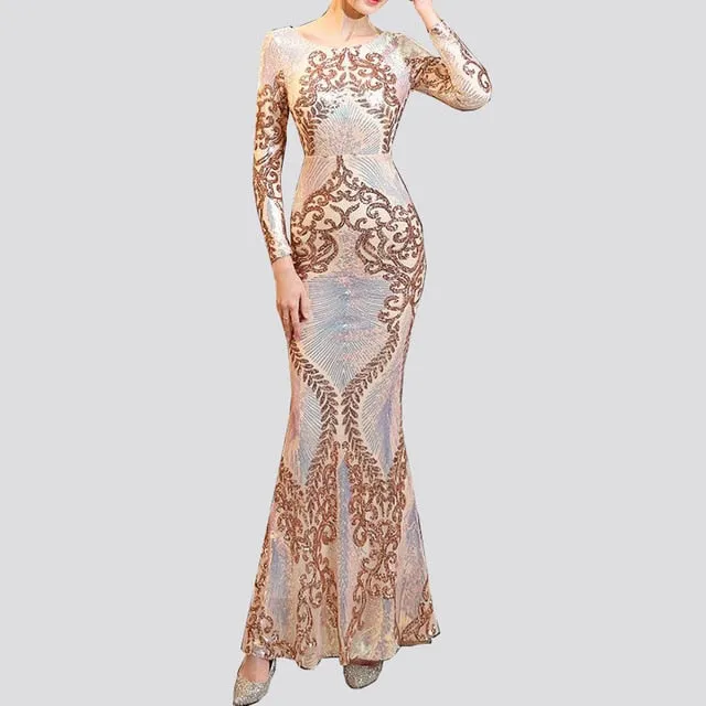 O-neck Long-Sleeve Shinning Sequins Evening Dresses Sexy Backless Mermaid Party Gowns Maxi Elegant Multi Female Robes vestidos