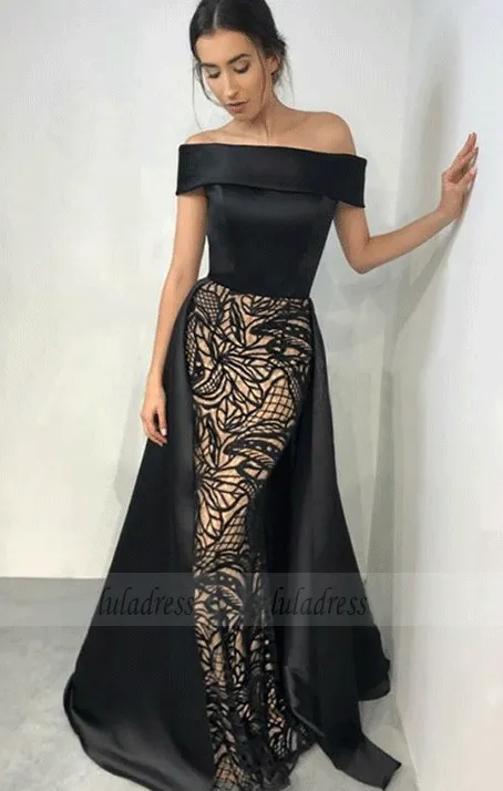 Off The Shoulder Black Evening Dresses Mermaid Long Prom Dresses With Lace