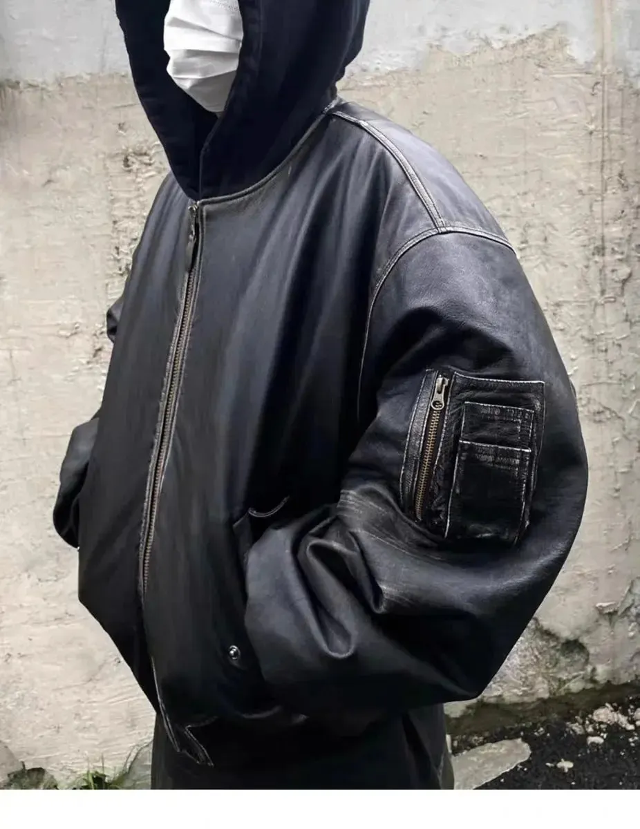 Oversized Hooded Leather Bomber Jacket