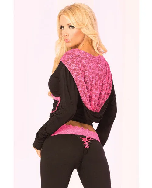 Pink Lipstick Loungewear Lace Trim Cropped Hoodie Black Md