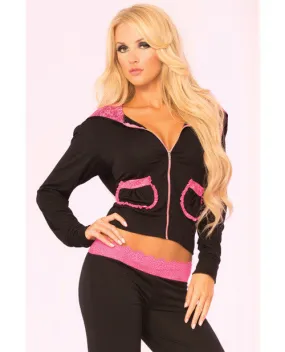 Pink Lipstick Loungewear Lace Trim Cropped Hoodie Black Md