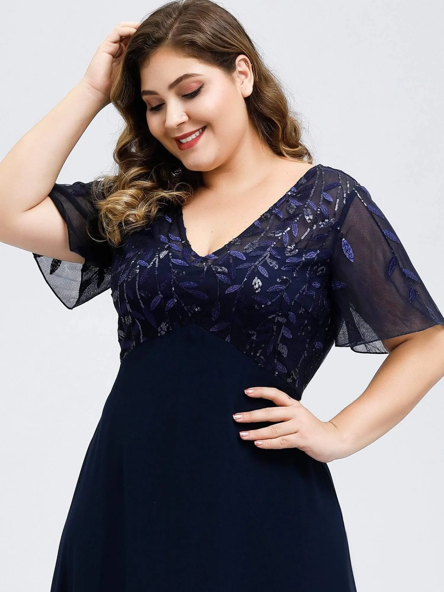 Plus Size V Neck Long Empire Formal Dresses with Sleeves