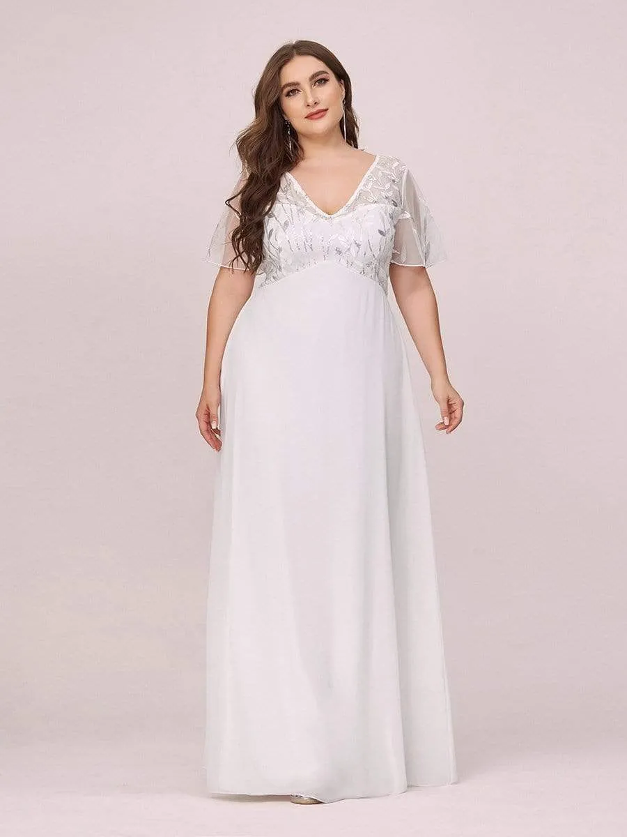 Plus Size V Neck Long Empire Formal Dresses with Sleeves