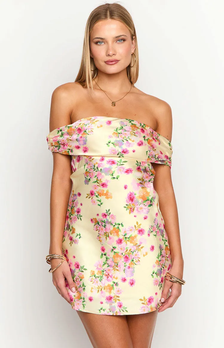 Primrose Yellow Bloom Off the Shoulder Mini Dress