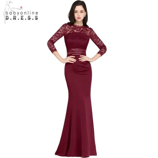 Robe de Soiree Cheap Lace Mermaid Long Evening Dress 2018 Real Image Three Quarter Sleeve Evening Gown Vestido de Festa Longo