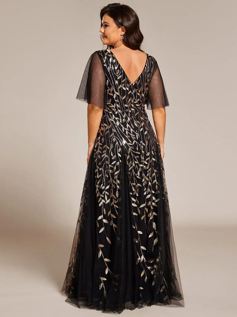 Shimmery V Neck Ruffle Sleeves Sequin Maxi Long Evening Dress