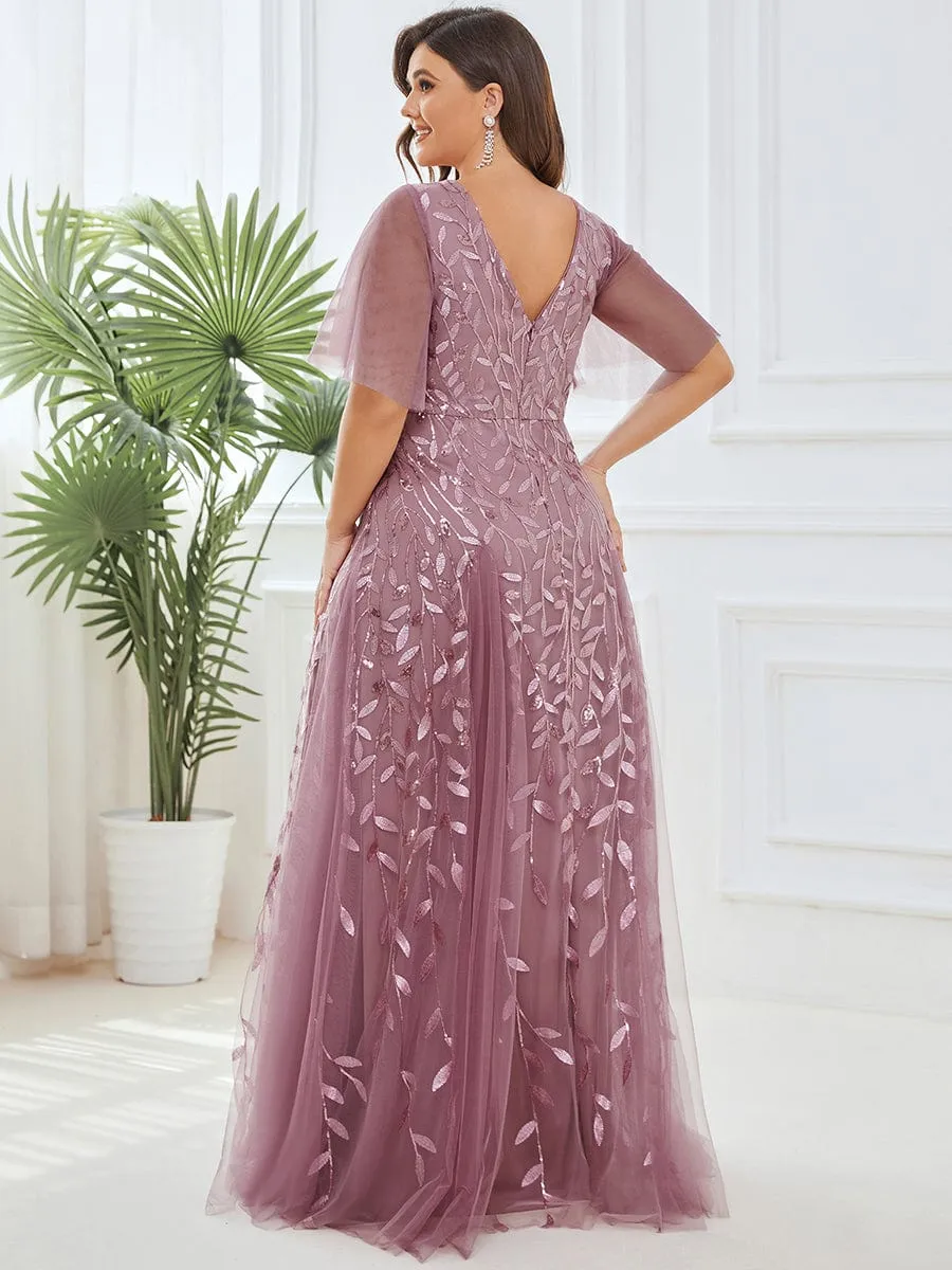 Shimmery V Neck Ruffle Sleeves Sequin Maxi Long Evening Dress