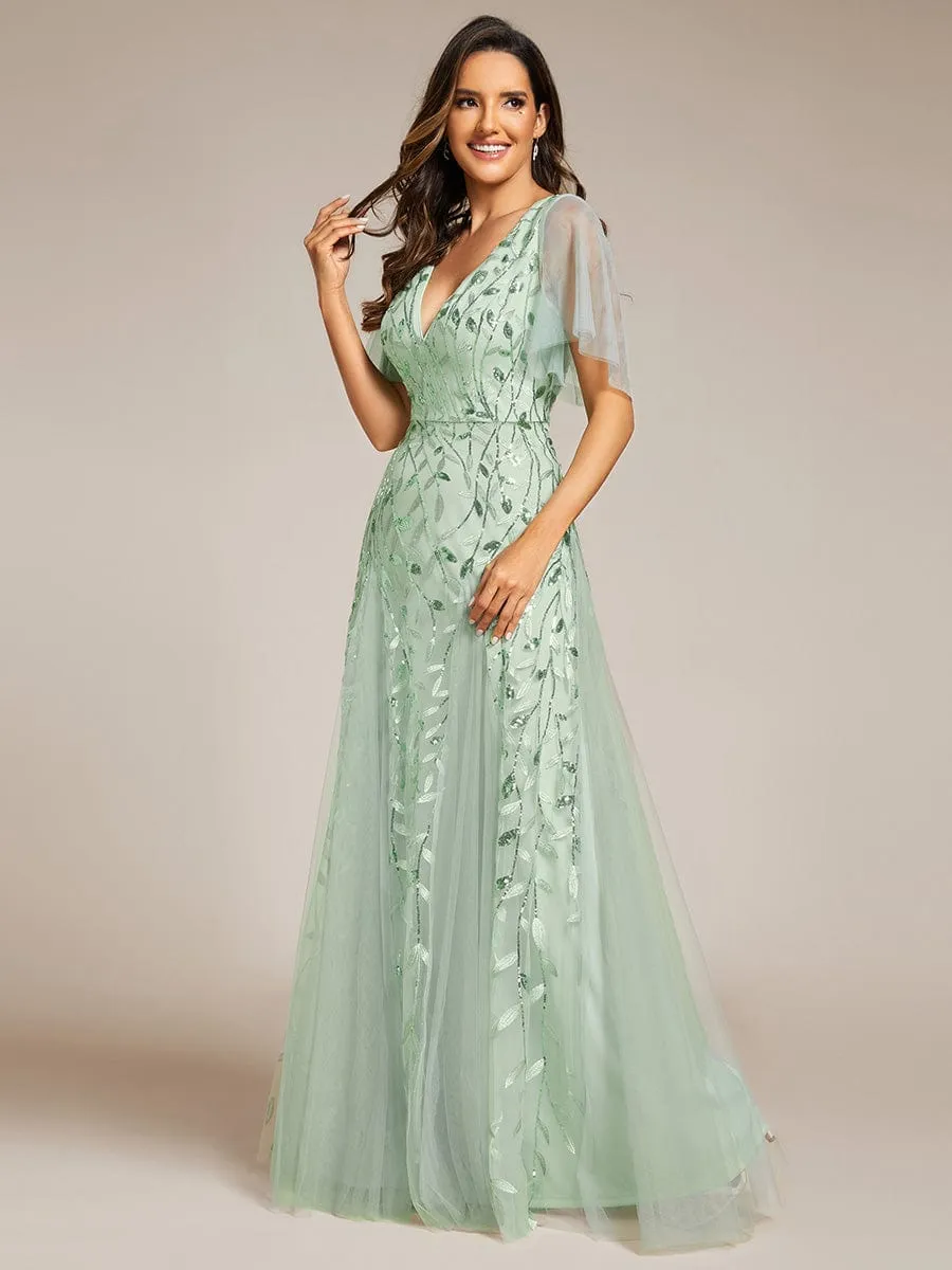 Shimmery V Neck Ruffle Sleeves Sequin Maxi Long Evening Dress