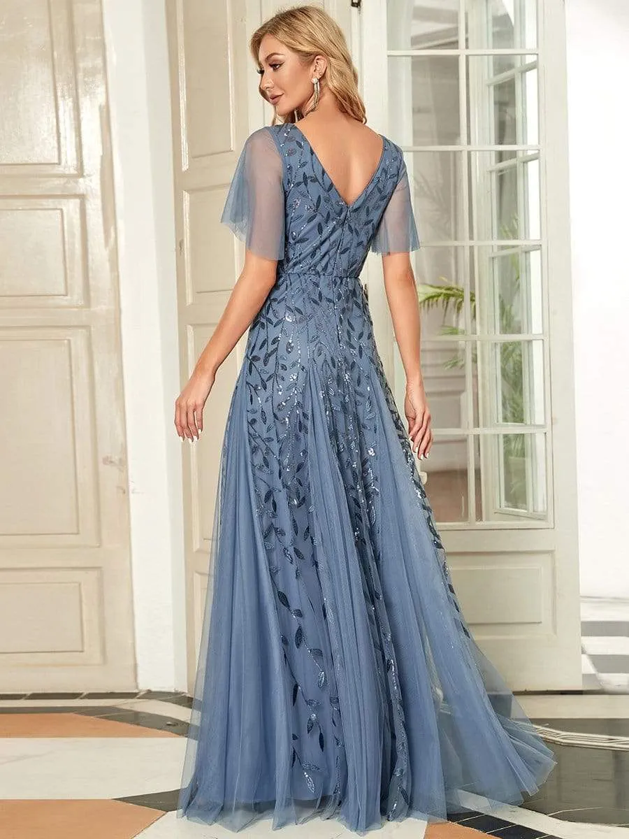 Shimmery V Neck Ruffle Sleeves Sequin Maxi Long Evening Dress