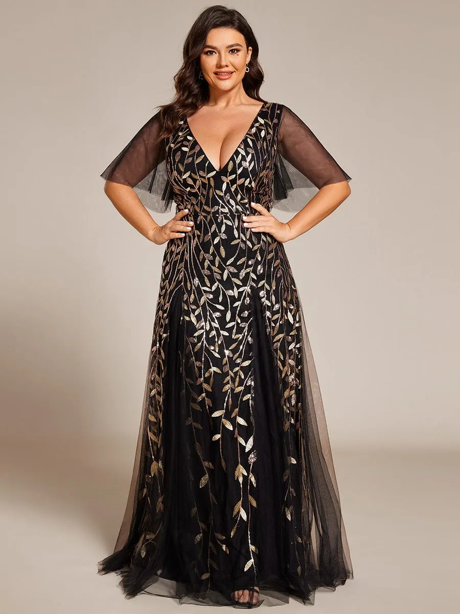 Shimmery V Neck Ruffle Sleeves Sequin Maxi Long Evening Dress