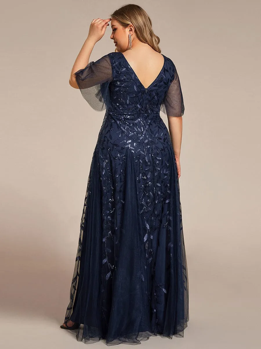 Shimmery V Neck Ruffle Sleeves Sequin Maxi Long Evening Dress