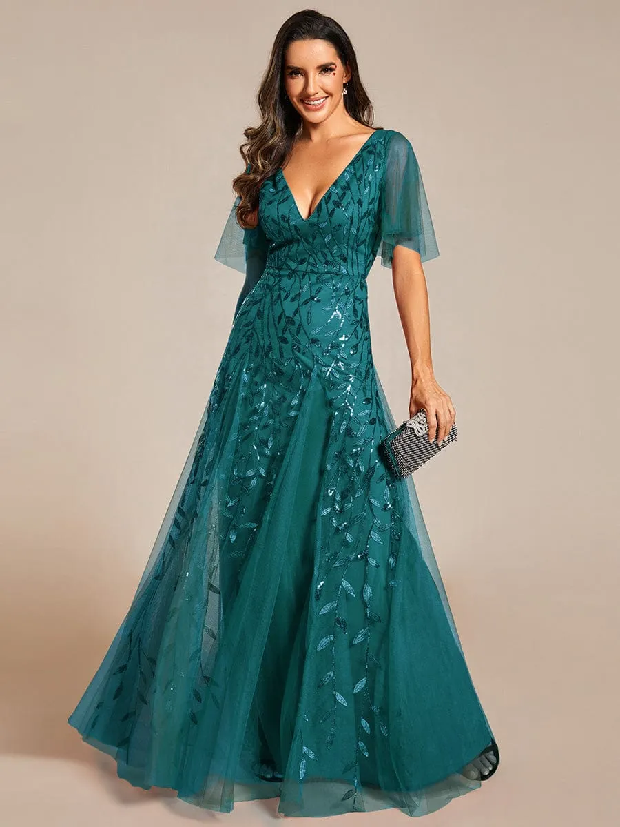 Shimmery V Neck Ruffle Sleeves Sequin Maxi Long Evening Dress