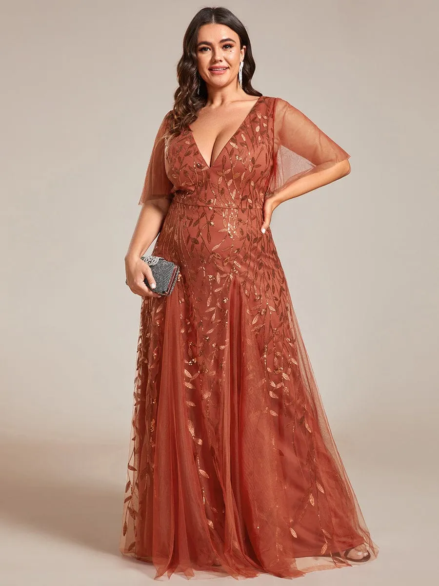 Shimmery V Neck Ruffle Sleeves Sequin Maxi Long Evening Dress