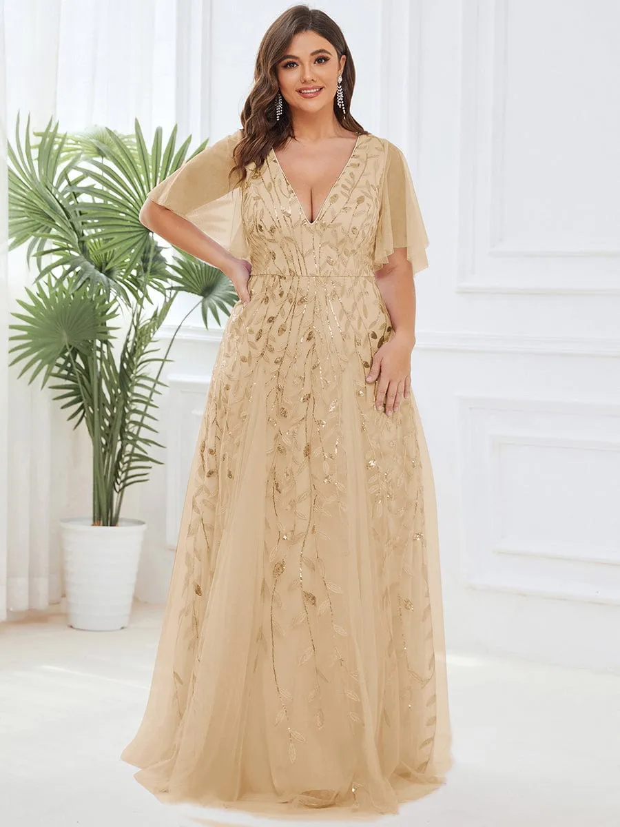 Shimmery V Neck Ruffle Sleeves Sequin Maxi Long Evening Dress