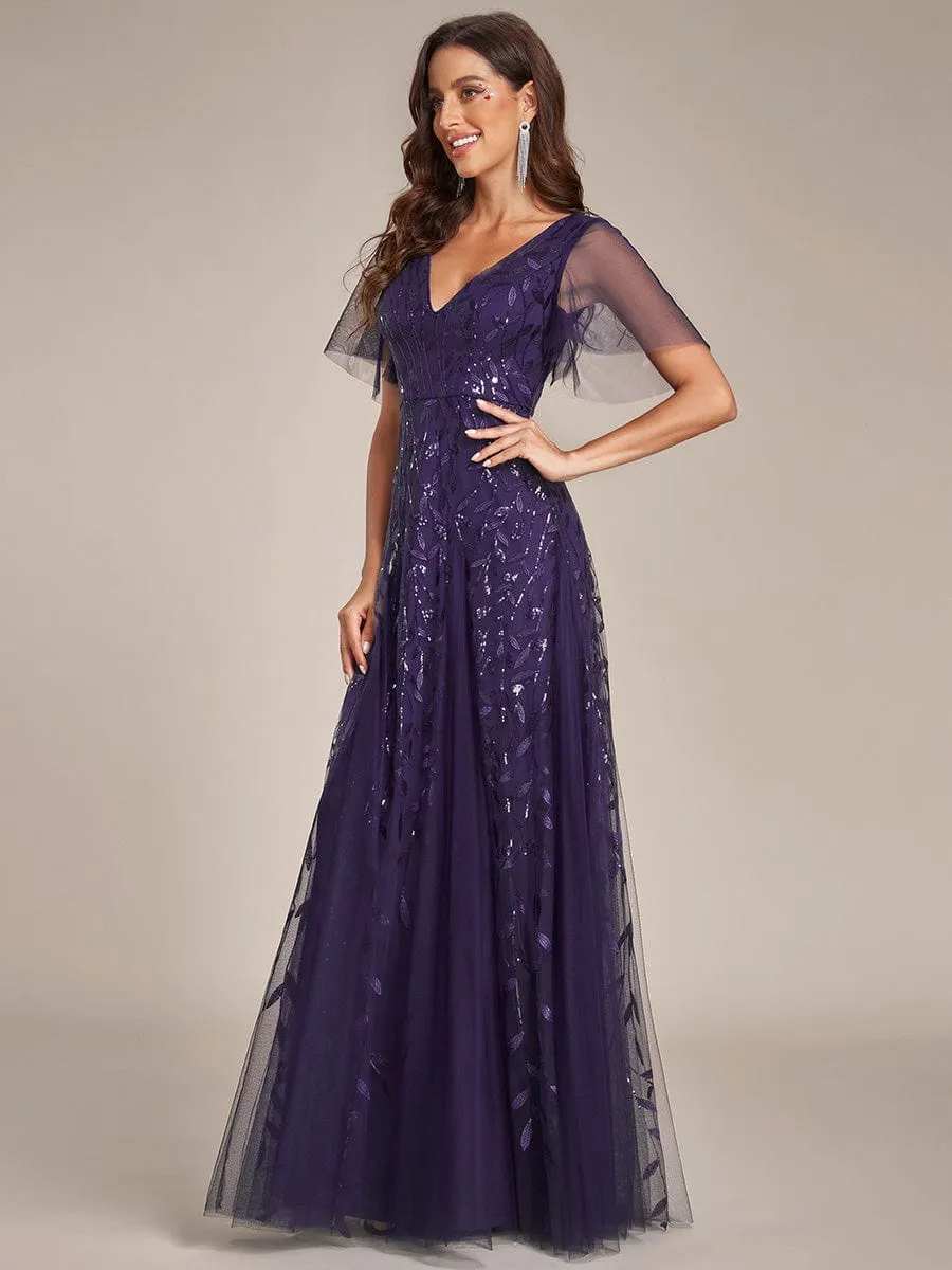 Shimmery V Neck Ruffle Sleeves Sequin Maxi Long Evening Dress