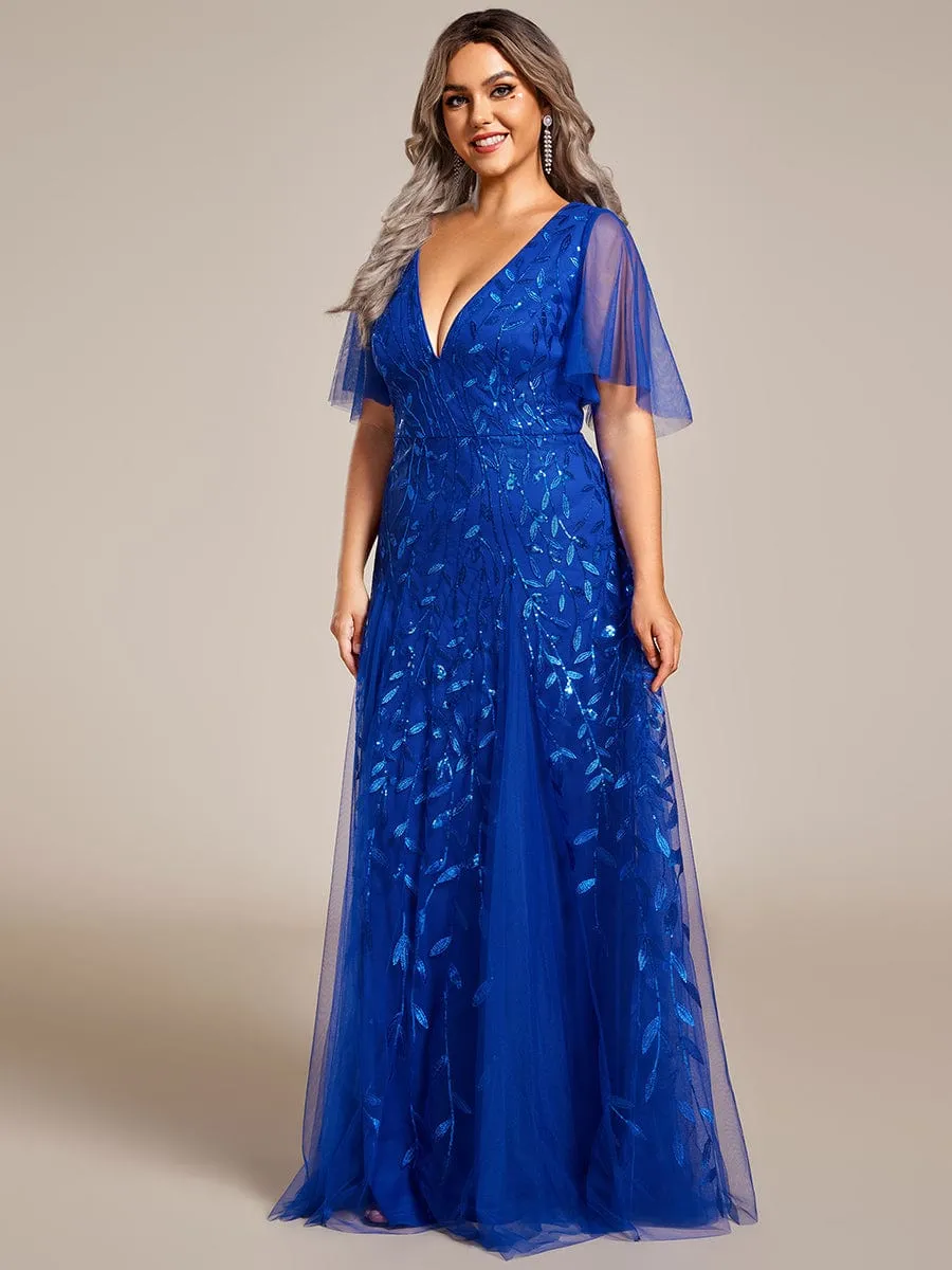 Shimmery V Neck Ruffle Sleeves Sequin Maxi Long Evening Dress