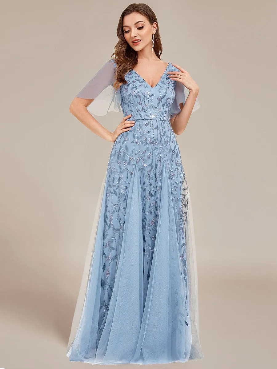 Shimmery V Neck Ruffle Sleeves Sequin Maxi Long Evening Dress