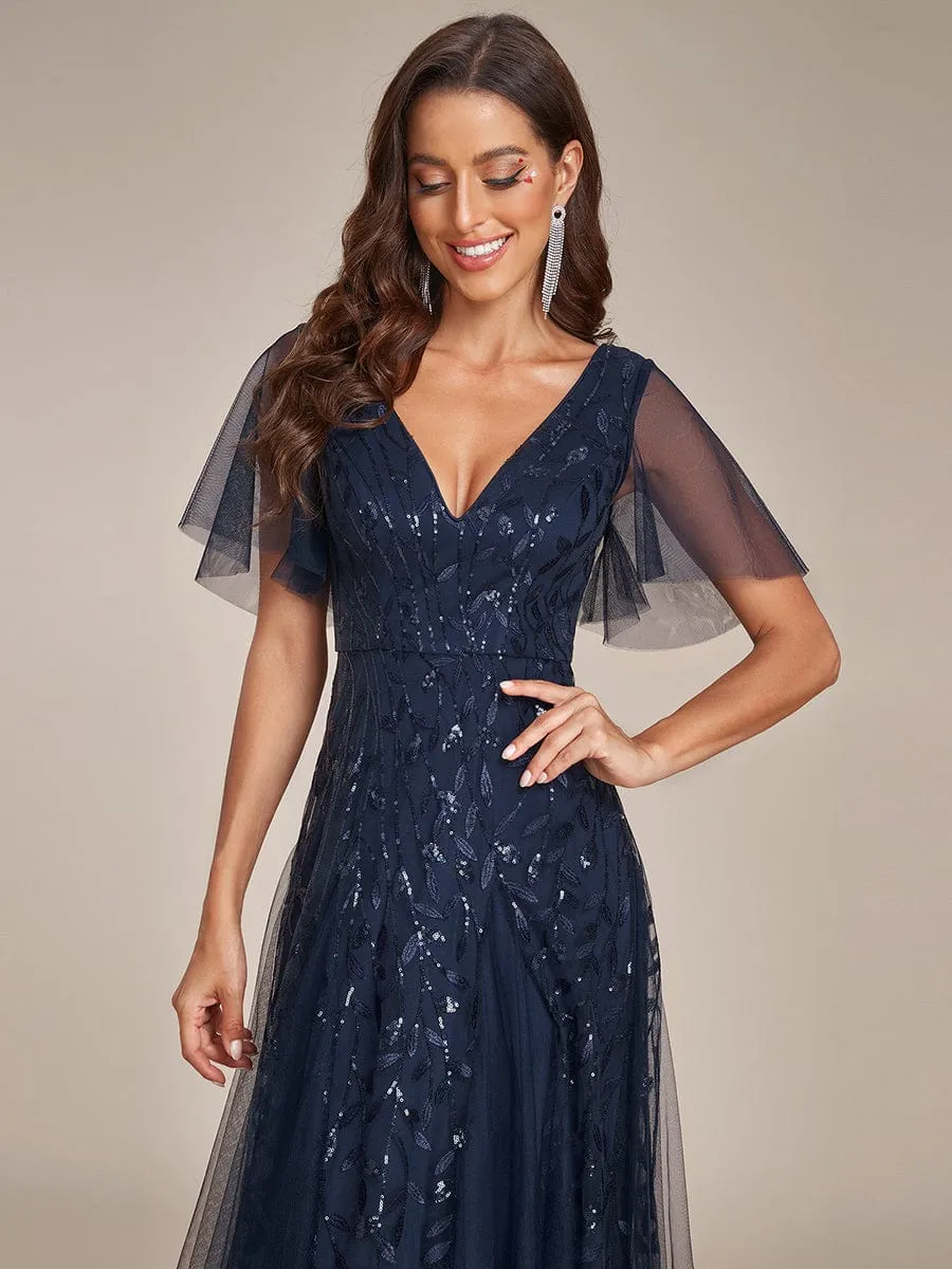 Shimmery V Neck Ruffle Sleeves Sequin Maxi Long Evening Dress