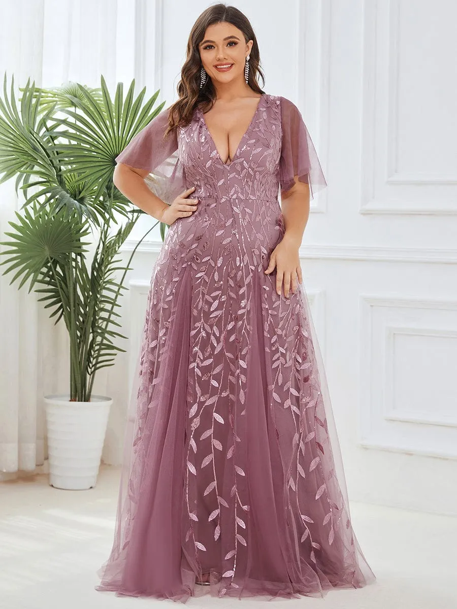 Shimmery V Neck Ruffle Sleeves Sequin Maxi Long Evening Dress