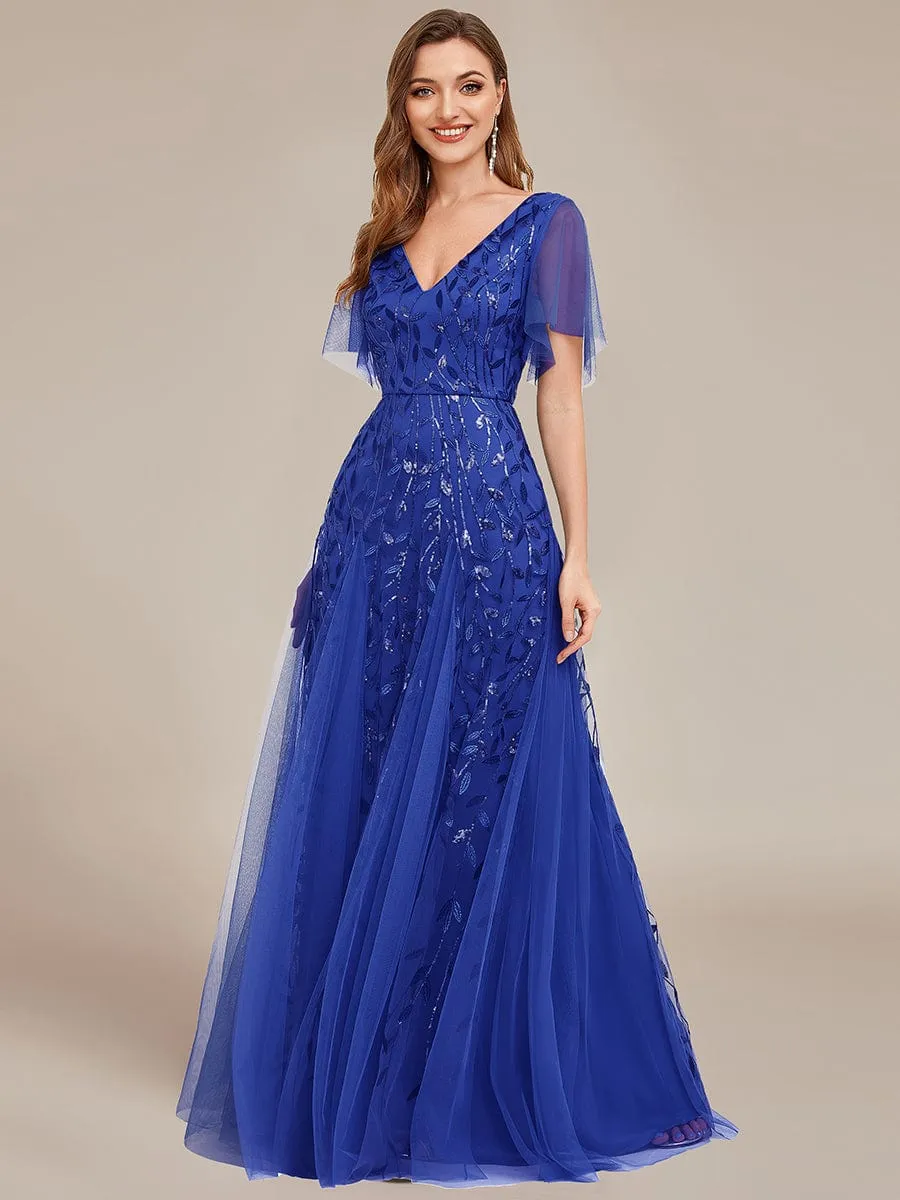 Shimmery V Neck Ruffle Sleeves Sequin Maxi Long Evening Dress