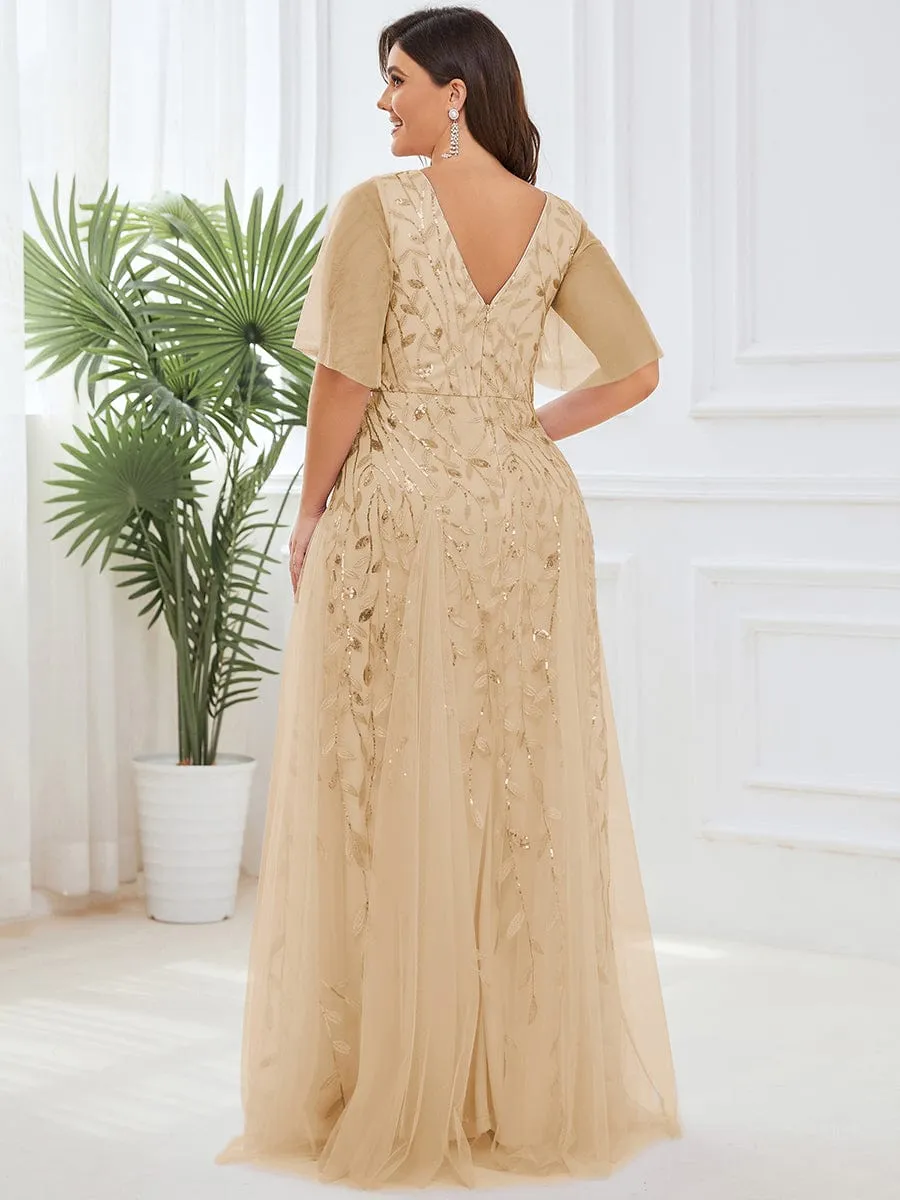 Shimmery V Neck Ruffle Sleeves Sequin Maxi Long Evening Dress