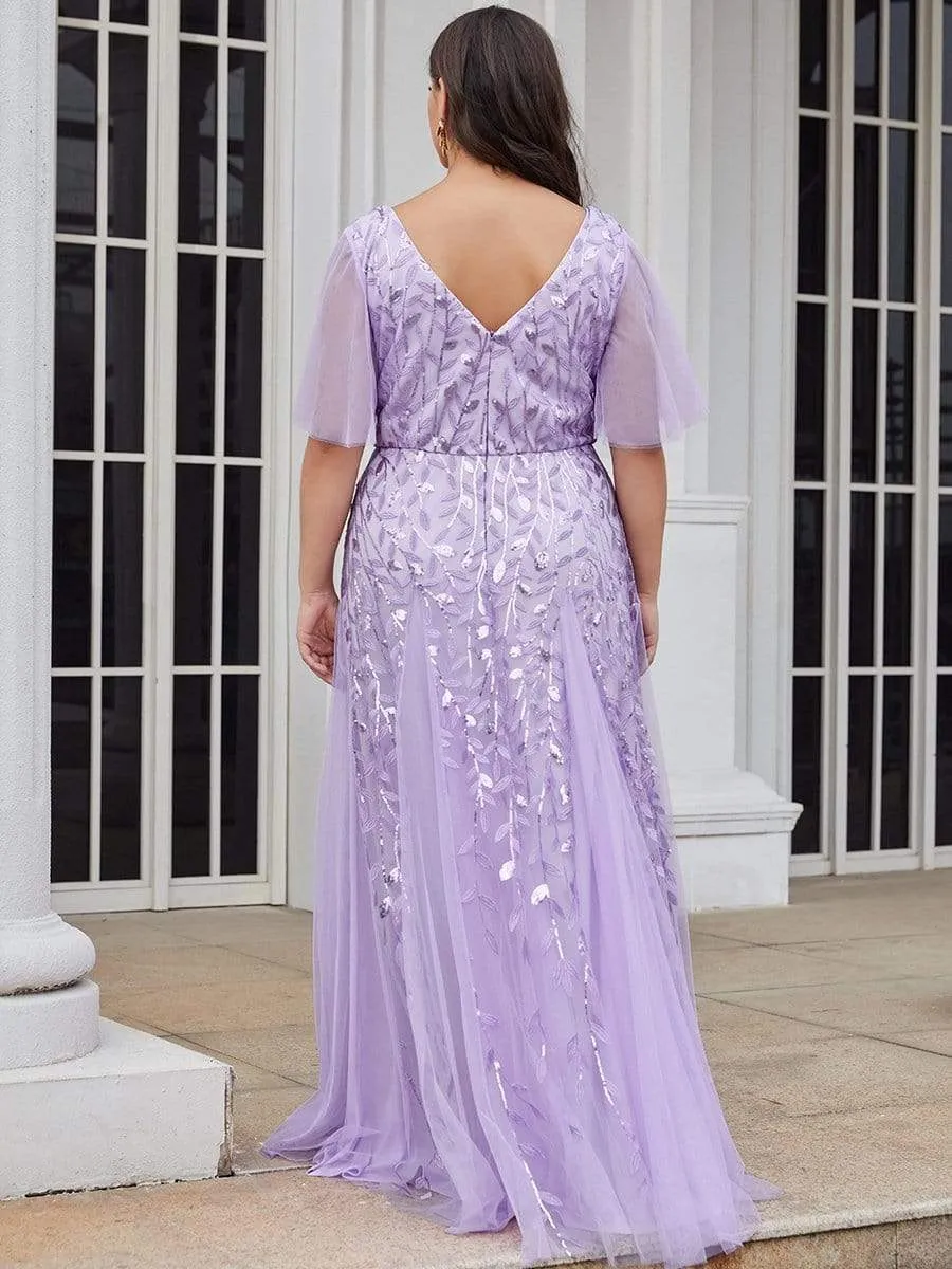 Shimmery V Neck Ruffle Sleeves Sequin Maxi Long Evening Dress