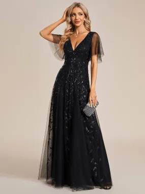 Shimmery V Neck Ruffle Sleeves Sequin Maxi Long Evening Dress