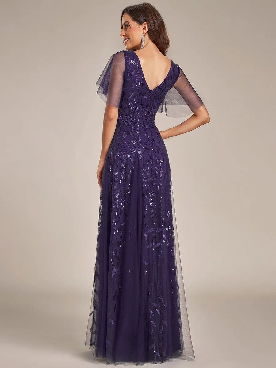 Shimmery V Neck Ruffle Sleeves Sequin Maxi Long Evening Dress