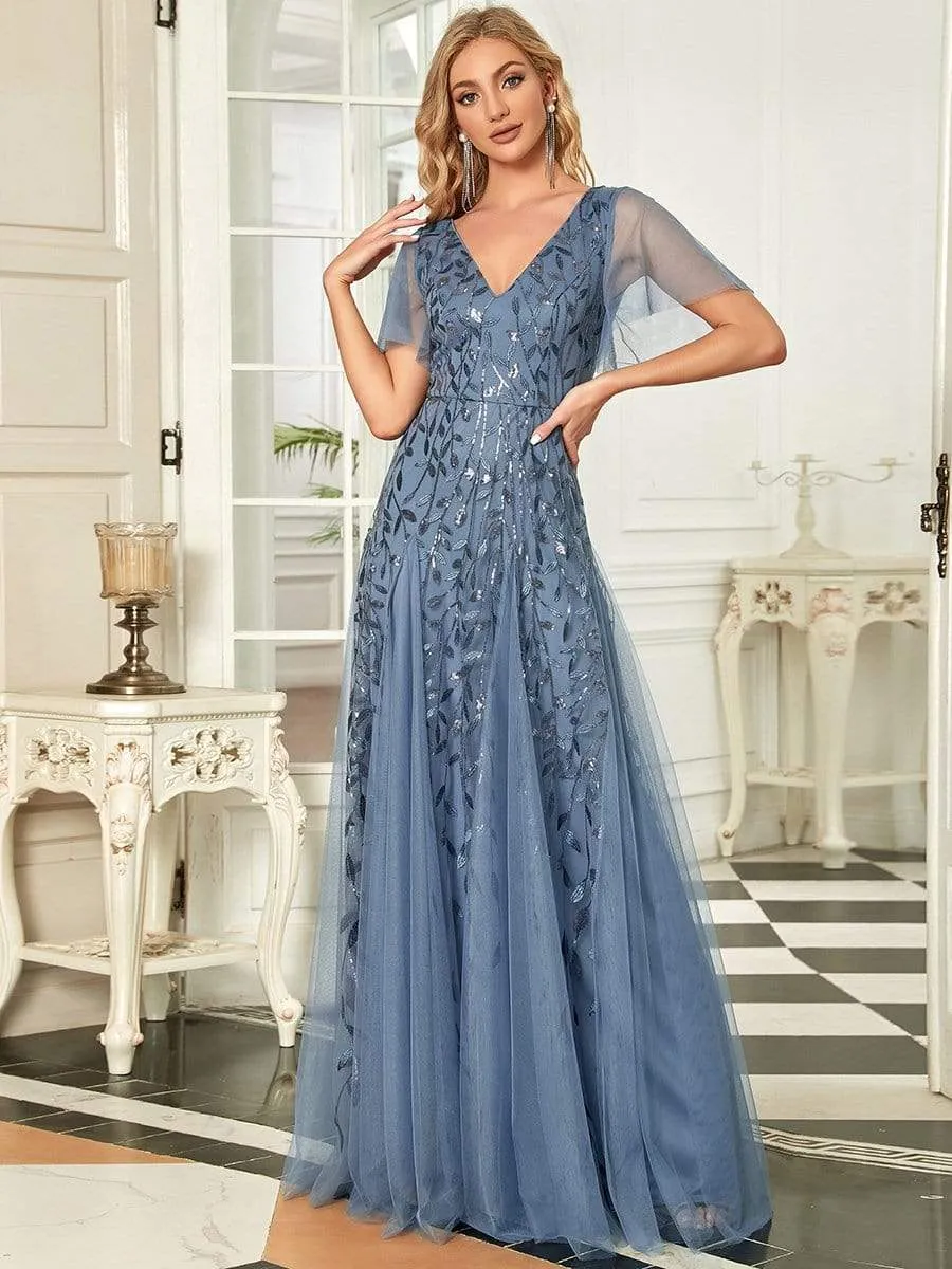 Shimmery V Neck Ruffle Sleeves Sequin Maxi Long Evening Dress