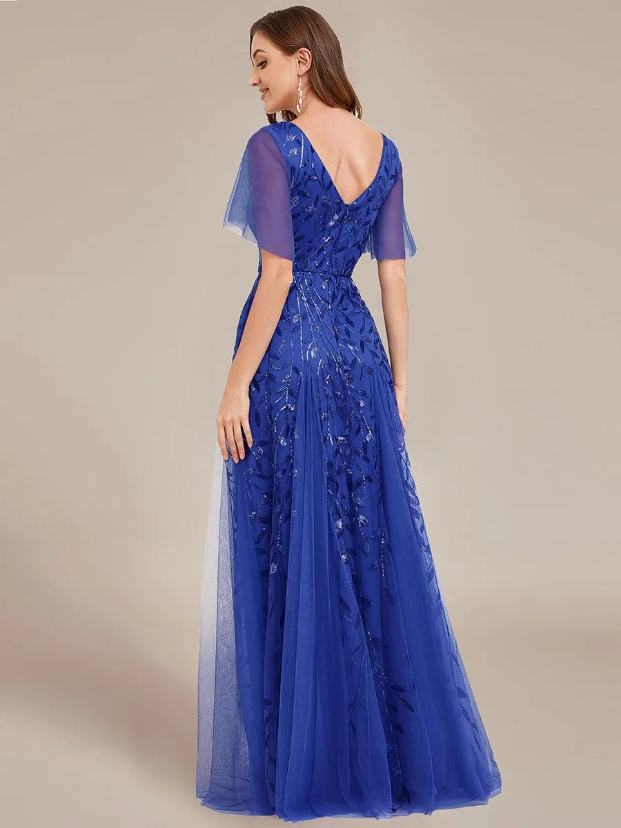 Shimmery V Neck Ruffle Sleeves Sequin Maxi Long Evening Dress