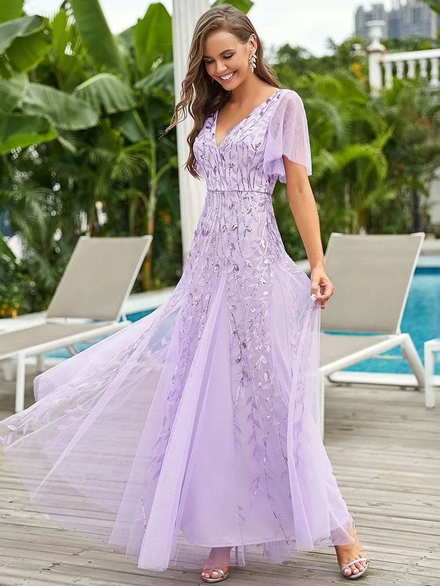 Shimmery V Neck Ruffle Sleeves Sequin Maxi Long Evening Dress